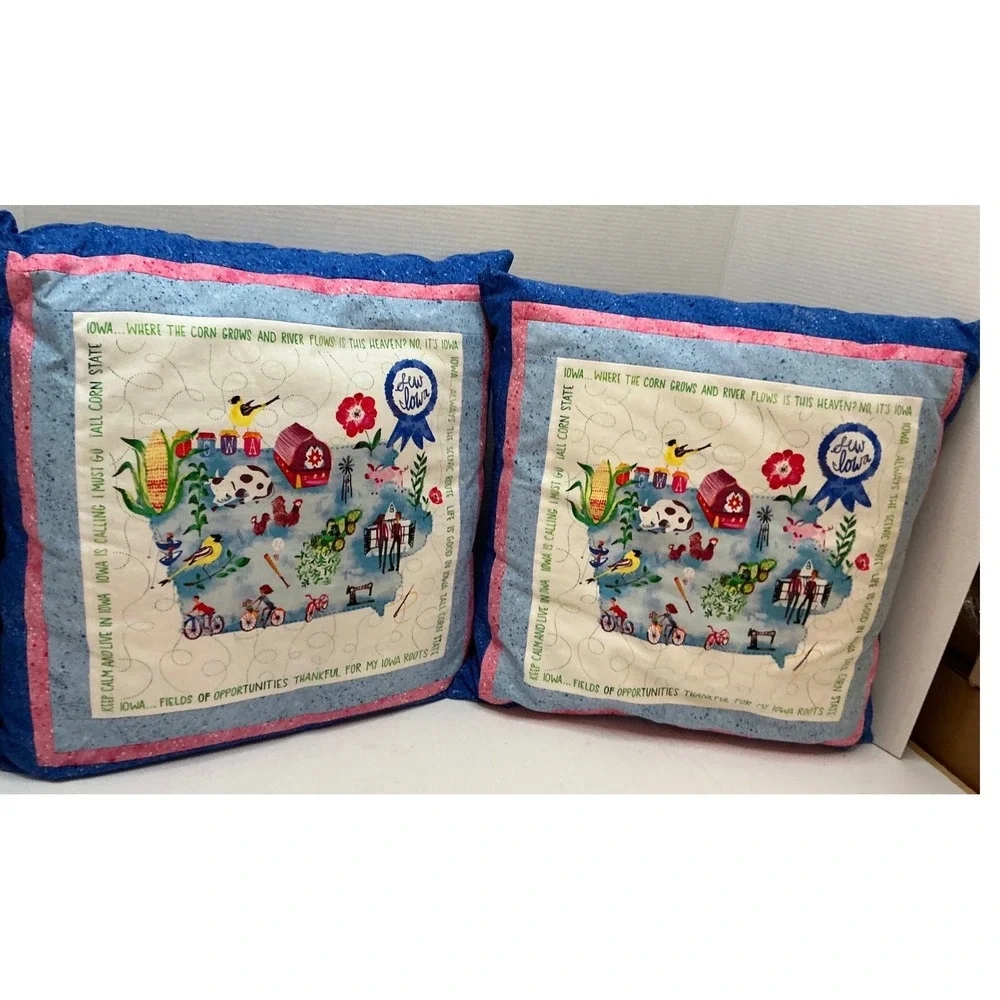 Vintage Iowa State Map Quilted Throw Pillows Set of 2 Blue Pink 16x16